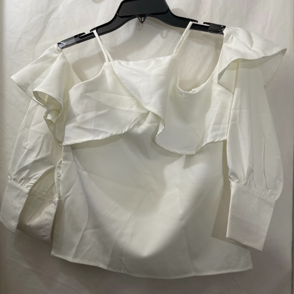 White Bella Philosophy COLD SHOULDER RUFFLE FLARE CUFF TOP